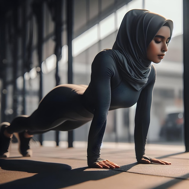 Eine indonesische muslimische Frau, die einen Hijab und Spandex-Sportkleidung trägt, macht Push-up-Übungen