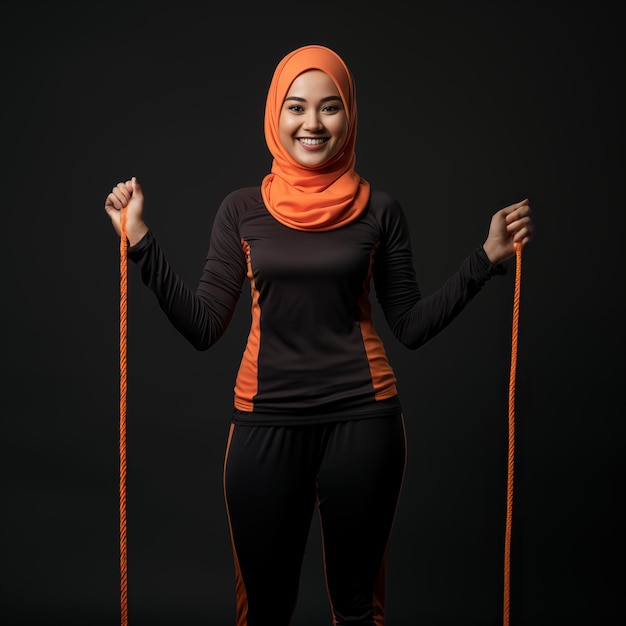 Eine indonesische muslimische Frau mit Hijab und Spandex-Outfit springt mit dem Seil