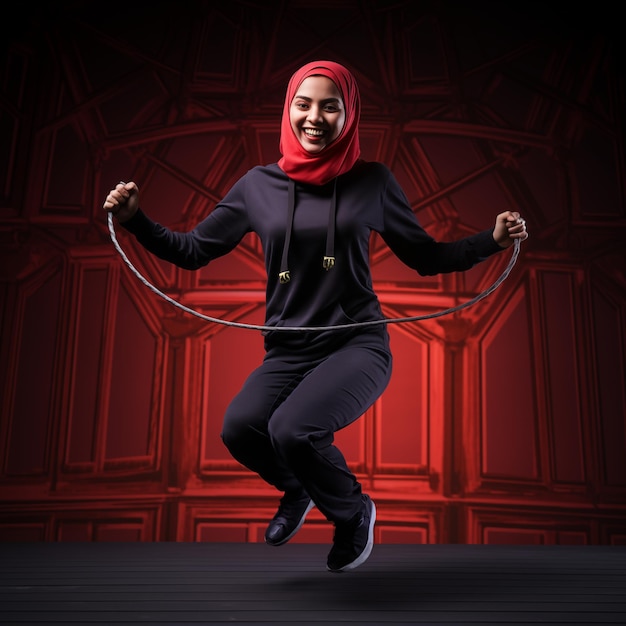 Eine indonesische muslimische Frau mit Hijab und Spandex-Outfit springt mit dem Seil