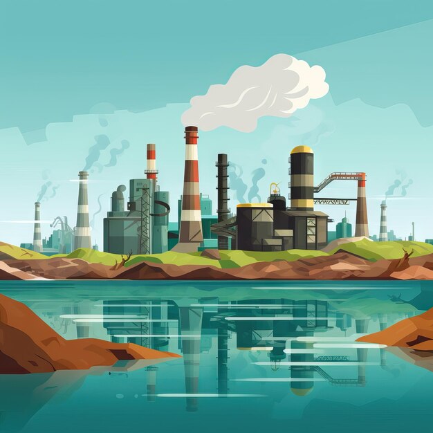 Eine Industriestraße führt zur Anlage Umweltverschmutzung durch eine Metallurgieanlage Fabrikrohre geben Rauch aus Industrielandschaft im Sommer KI-generierte Illustration