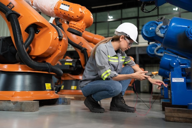 Eine Ingenieurin installiert ein Programm auf einem Roboterarm in einem Roboterlager und testet den Betrieb, bevor sie die Maschine an den Kunden sendet