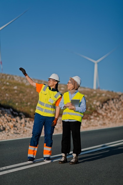 Eine Ingenieurin mit einem Tablet und ihr Kollege inspizieren Windturbinen auf einem Feld und demonstrieren Teamarbeit