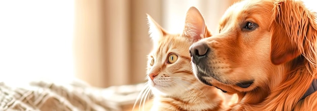 Eine Ingwer-Tabby-Katze und ein Golden-Retriever-Hund Seite an Seite in einer warmen, intimen Umgebung, die auf ein … schließen lässt