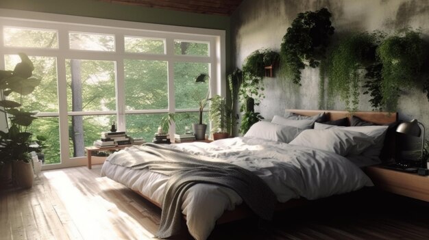 Foto eine innenarchitektur eines modernen hauses mit einem schlafzimmer, das mit elementen der natur und pflanzen gestaltet ist generative ai aig27