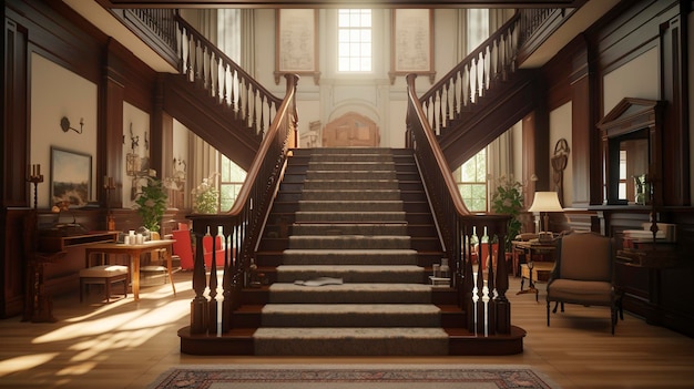 Eine Innenaufnahme eines Kolonialhauses mit einer großen Treppe
