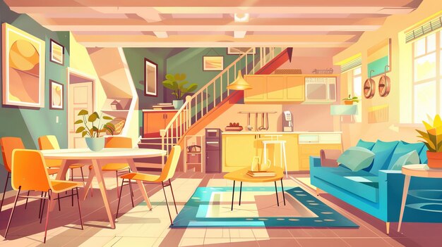 Foto eine innenillustration eines modernen hauses oder apartments mit wohnzimmer, küche, esszimmer, sofa, stühlen und teppichen im skandinavischen stil.