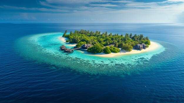 eine Insel mit einem Strand und Häusern auf dem Wasser