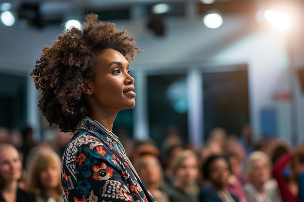 Eine inspirierte afroamerikanische Frau beteiligt sich an einer Fachkonferenz