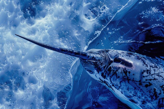 Eine intensive Nahaufnahme eines Narwhal-Zähnes vor eiskaltem blauem Wasser