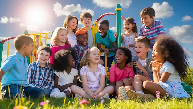 Eine interrassische Gruppe von Kindern, Mädchen und Jungen, die an einem Sommertag zusammen im Park spielen