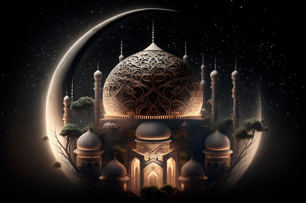 Eine islamische Moschee nachts mit einer Mondsichel hinter der generativen ai der Moschee