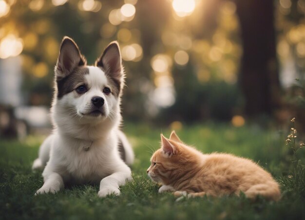 Eine isolierte Aufnahme eines Hundes, der sich mit einer Katze im Garten kuschelt