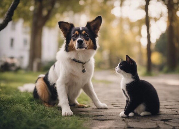 Eine isolierte Aufnahme eines Hundes, der sich mit einer Katze im Garten kuschelt