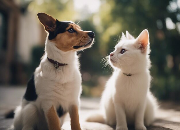 Eine isolierte Aufnahme eines Hundes, der sich mit einer Katze im Garten kuschelt