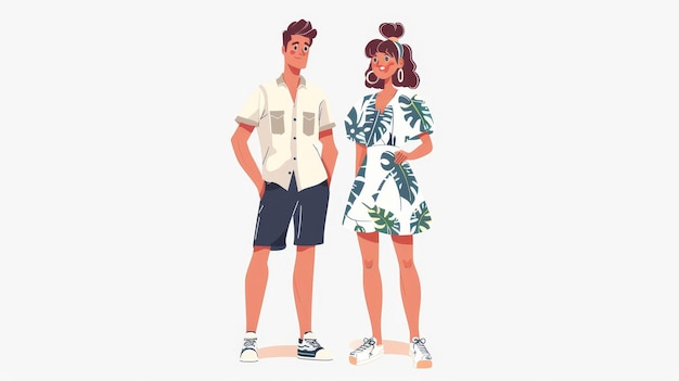 Eine isolierte moderne Illustration eines modernen Paares, das Sommerkleidung und modische Kleidung trägt. Mädchen in Kleid und Sneakers, Mann in Shorts.