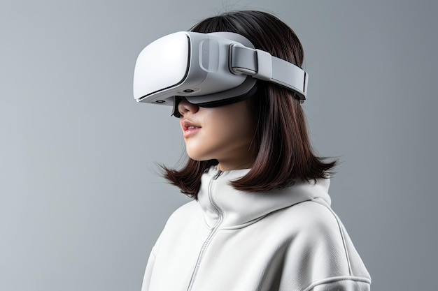 Eine japanische Frau betritt die VR-Welt mit einem VR-Headset