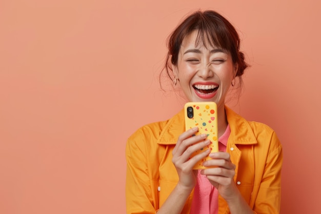 Eine japanische Frau lächelt begeistert, während sie eine lebhafte mobile App auf einem Pfirsich-Hintergrund empfiehlt. Ihre Leidenschaft für Technologie ist offensichtlich