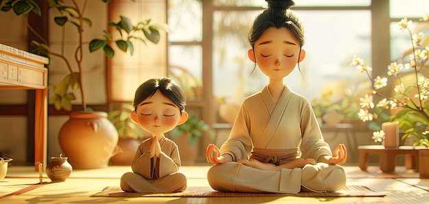 Eine japanische Frau und ihre Tochter üben Yoga in der Lotusposition auf der Matte