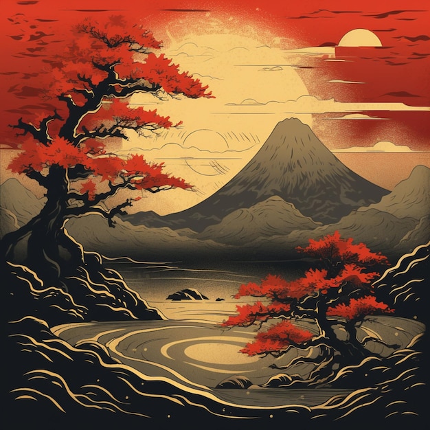 Eine japanische Landschaft mit einem Berg im Hintergrund.