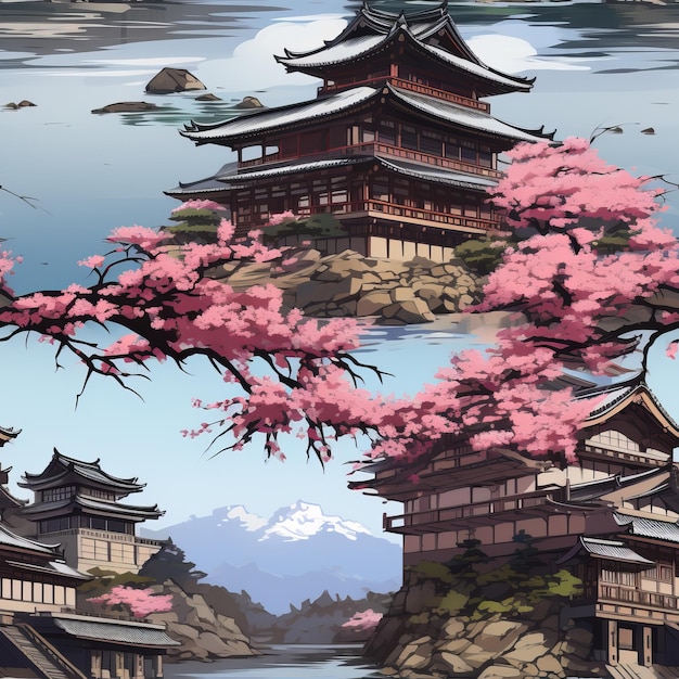 eine japanische Landschaft mit Kirschblüten und einer Pagode