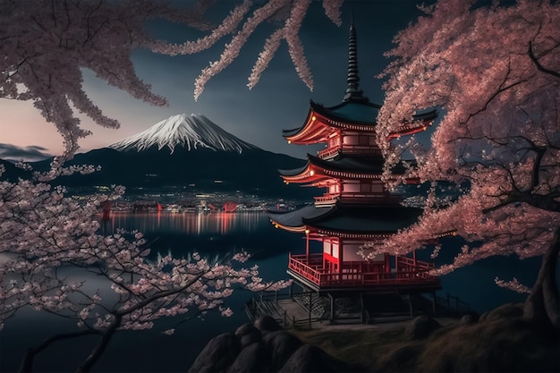 Eine japanische Pagode sitzt auf einem See mit Berg Fuji im Hintergrund.