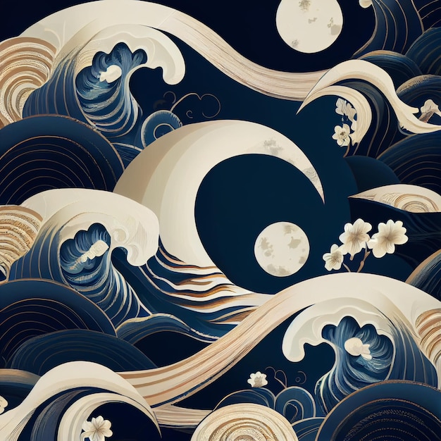 Eine japanische Welle mit einem Mond und Blumen darauf