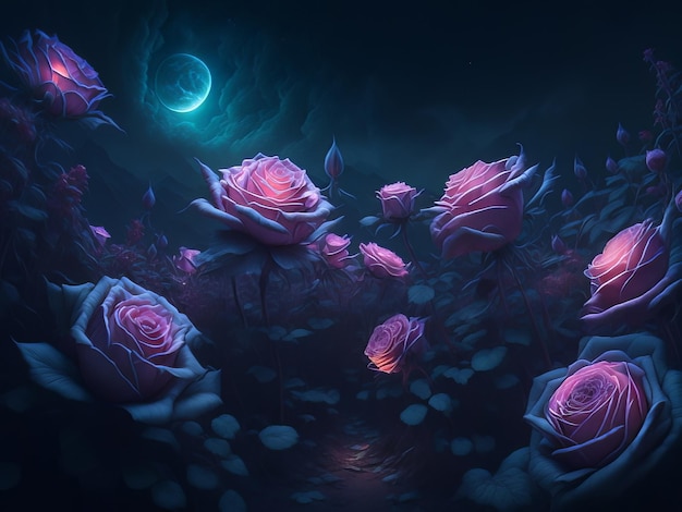 Eine jenseitige Fantasielandschaft, in der riesige biolumineszierende Rosen die Nacht erhellen