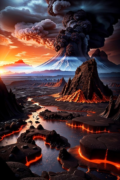 Eine jenseitige Landschaft eines mit Lava gefüllten Planeten mit sprudelnden Pools aus geschmolzenem Gestein und hoch aufragenden