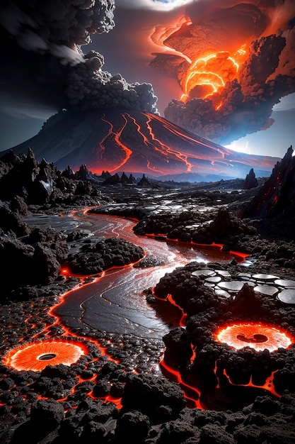 Eine jenseitige Landschaft eines mit Lava gefüllten Planeten mit sprudelnden Pools aus geschmolzenem Gestein und hoch aufragenden