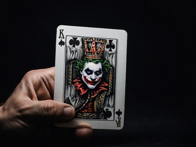 Eine Joker-Karte auf schwarzem Hintergrund in Nahaufnahme Männliche Hand hält eine Spielkarte Joker von einer Krähe