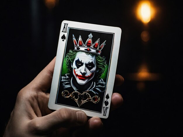 Foto eine joker-karte auf schwarzem hintergrund in nahaufnahme männliche hand hält eine spielkarte joker von einer krähe