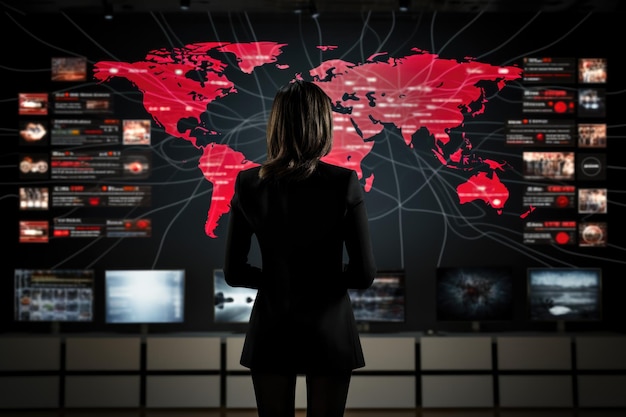 Eine Journalistin und Analystin in einer Indoor-Umgebung mit Monitoren und einer Weltkarte als Hintergrund