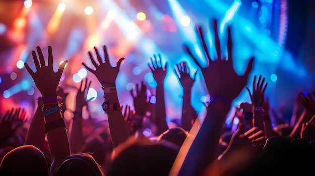 Eine jubelnde Menge mit erhobenen Händen bei einem Musikfestival oder Konzert
