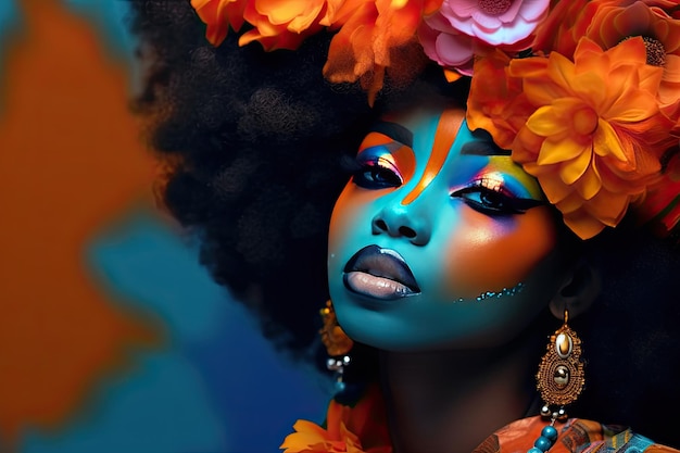 Eine junge Afrikanerin mit farbenfrohem Make-up sitzt in einem dunklen Raum, der von Pop-Art und Flower-Power mit dunklen Orange- und hellen Azurtönen inspiriert ist. Perfekt für zeitgenössisches Design mit generativer KI