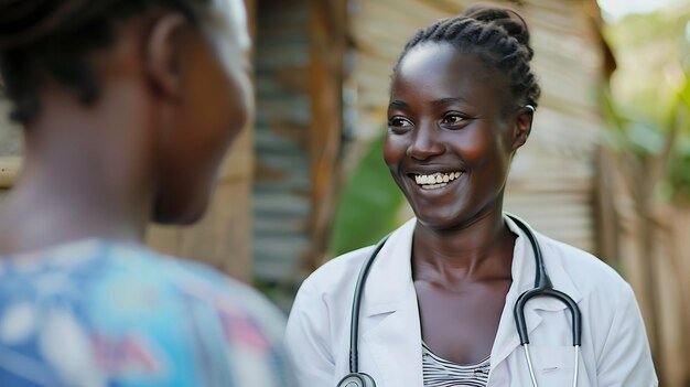 Foto eine junge afrikanische ärztin, die einen weißen mantel und ein stethoskop trägt, lächelt herzlich zu ihrem patienten