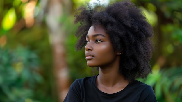 Eine junge afrikanische Frau, die in der Natur zur Seite schaut