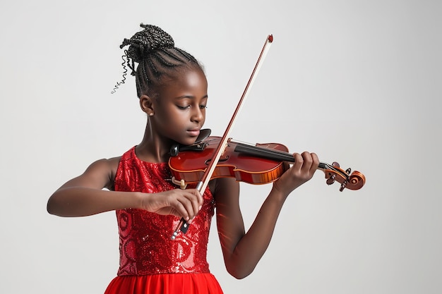 Eine junge afrikanische Frau in schwarzem Anzug erschien und spielte Geige über einer weißen Kulisse.
