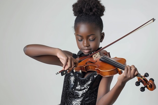 Eine junge afrikanische Frau in schwarzem Anzug erschien und spielte Geige über einer weißen Kulisse.