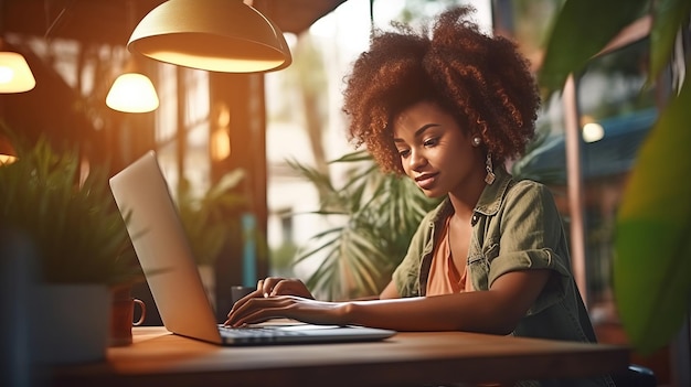 Eine junge afroamerikanische Frau, die an einem Laptop arbeitet, Freelancer oder Student