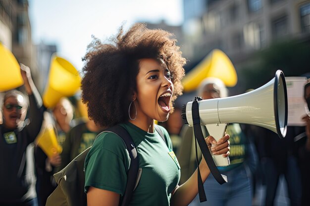 Eine junge afroamerikanische Frau schreit ihre Forderungen durch ein Megaphon Closeup-Porträt einer radikalisierten jungen schwarzen Frau Menschenmenge von Demonstranten im Hintergrund