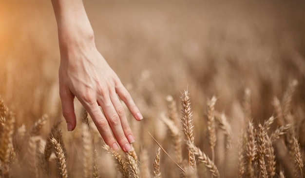 Eine junge Agronomin in einem weißen Hemd berührt Ährchen zwischen einem goldenen Weizenfeld. Hände schließen Platz für Text