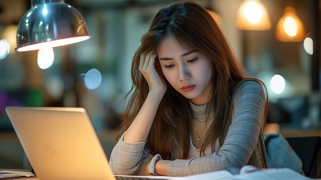 Eine junge asiatische Frau, die in ihrem Büro auf einen Laptop schaut, scheint besorgt und überlastet zu sein