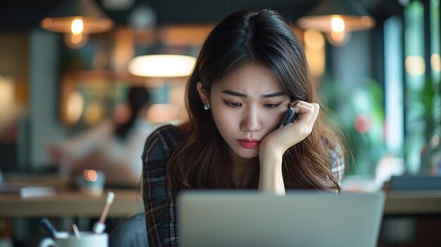 Eine junge asiatische Frau, die in ihrem Büro auf einen Laptop schaut, scheint besorgt und überlastet zu sein