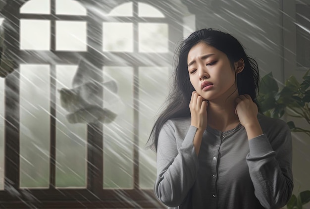 eine junge asiatische Frau, die zu Hause Schmerzen hat, im Stil von Darstellungen von schlechtem Wetter