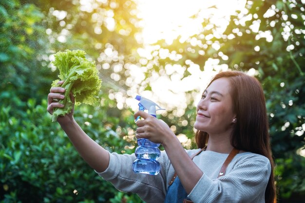 Eine junge asiatische Frau mit Schürze, die Salat durch Nebel im Garten sprüht