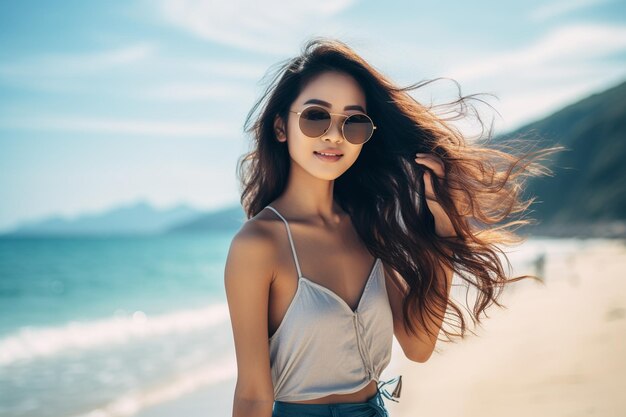 Eine junge asiatische Frau mit Sonnenbrille genießt den Sommerurlaub