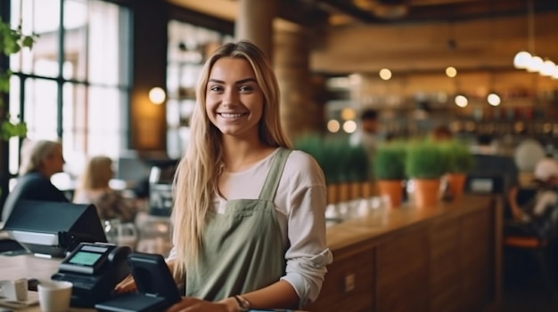 Eine junge attraktive Frau nutzt eine Kreditkarte und ein Zahlungsterminal in einem Café. Generative KI