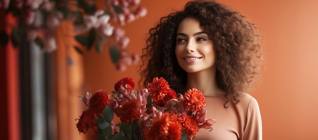 Eine junge attraktive lockige Frau mit einem Strauß roter Blumen in einem Zimmer. Glücklich lächelnde Frau, die einen Blumenstrauß hält