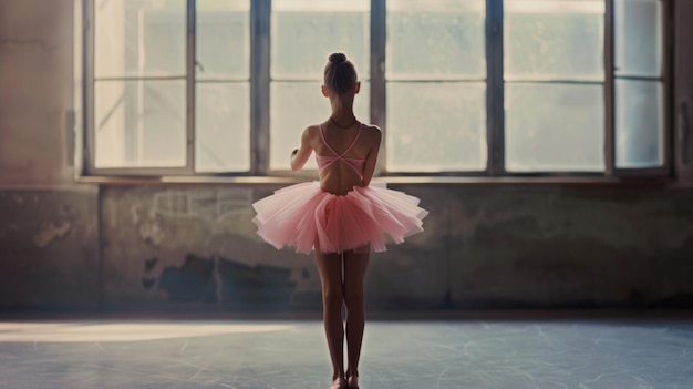 Eine junge Ballerina starrt aus dem Fenster aus und steht am Rande eines Tanztraums