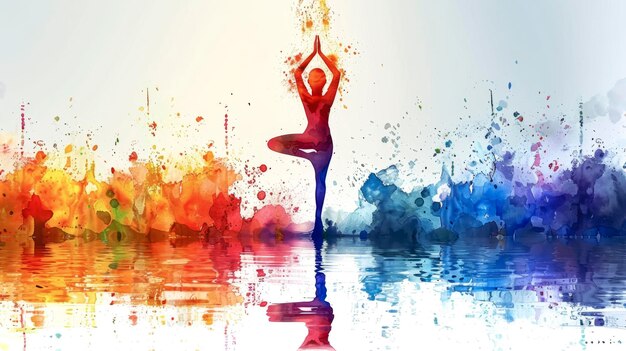 Foto eine junge dame in einer yoga-position, die aquarellmalerei übt